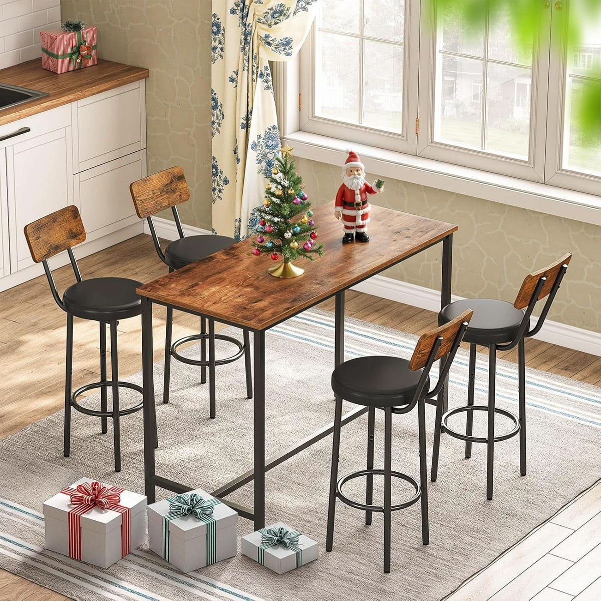 Rustic Brown PU Bar Stools Set of 2 26 Inch With Footrest