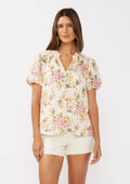 Floral Puff Sleeve Button-Down Top: Natural/Dusty Pink