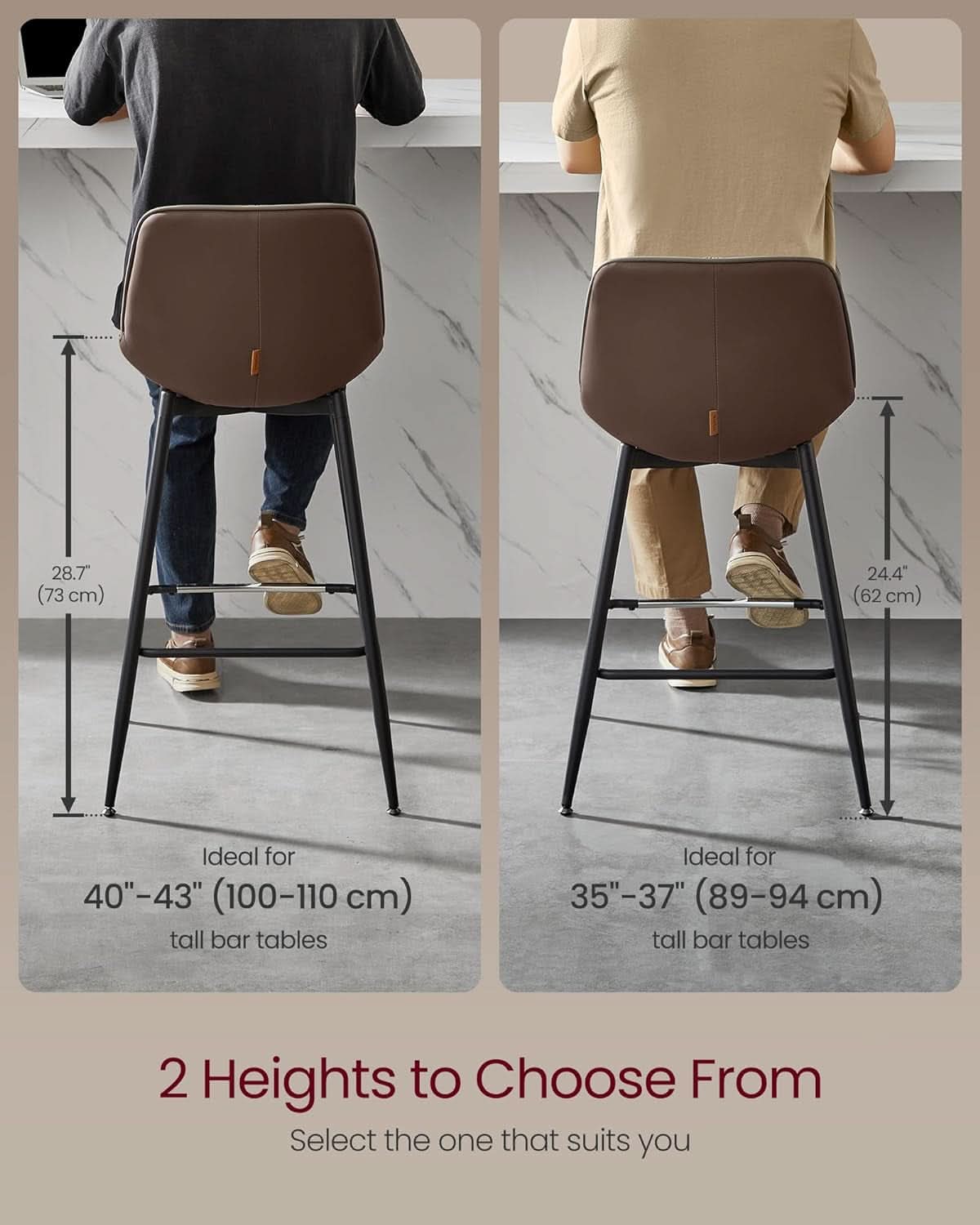 Bar Stools Set Of 2, 28.7 Inch Bar Height With Back, Coffee Brown