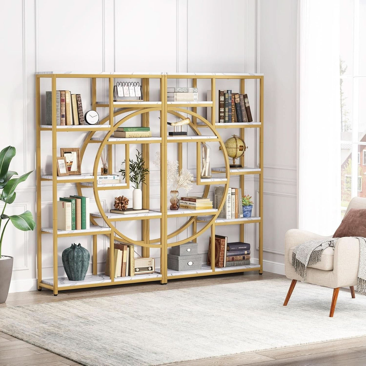 Industrial 5 Tier Etagere Bookcase Gold Frame Shelves