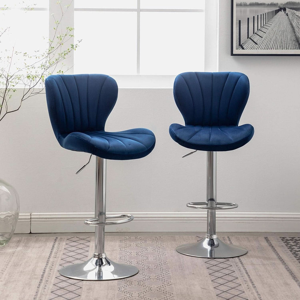 Blue Velvet Adjustable Swivel Bar Stools Set of 2 Modern