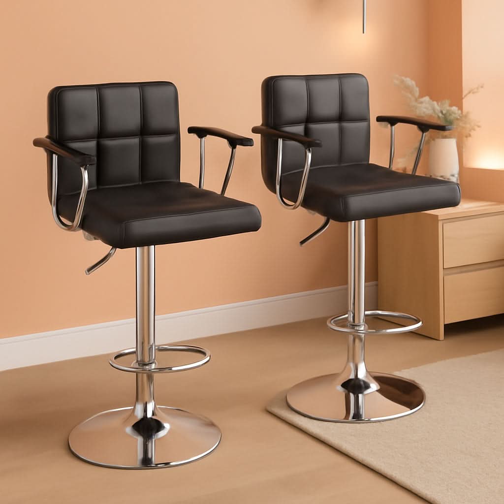 Two Adjustable Swivel Bar Stools With Back Grey PU Leather