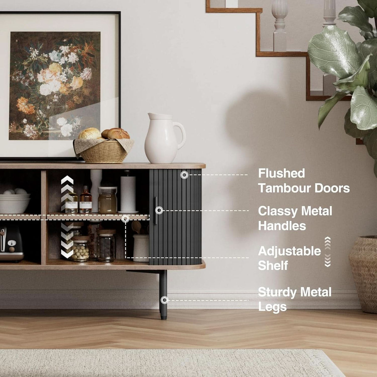 47 Inch Black TV Stand With Sliding Doors And Storage