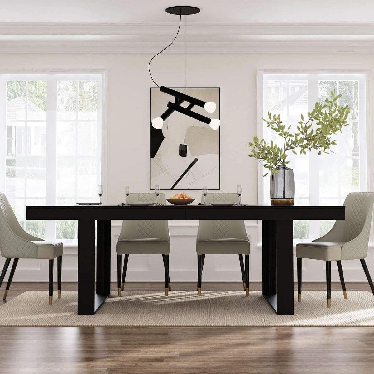 Dining Table 86.6 Inch Rectangular Wood Brown and Black Seats 8 to 10