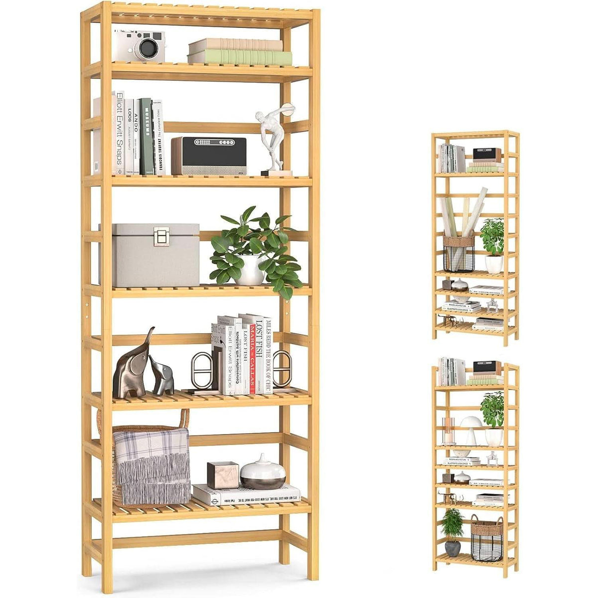 Six Tier Adjustable Bamboo Bookshelf Tall 63 Inch Natural