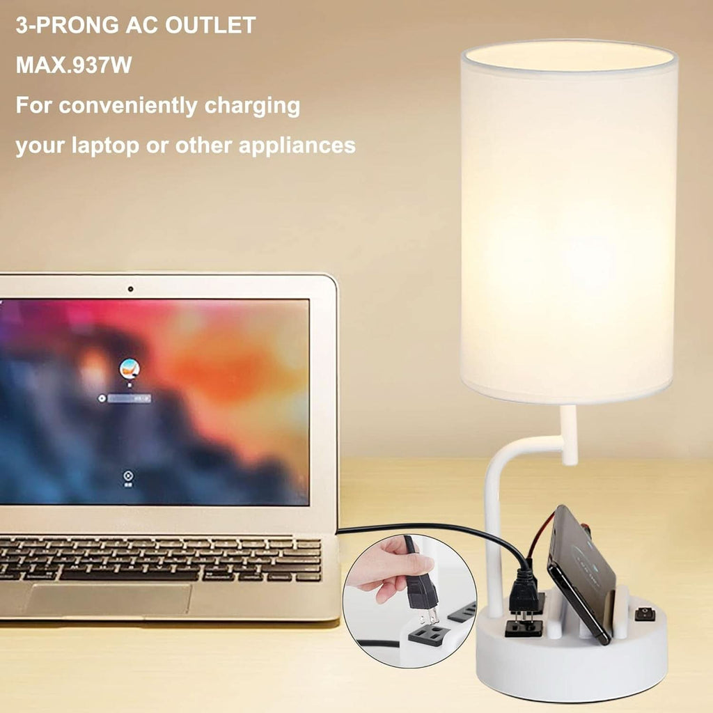 Table Lamp With 3 USB Ports White Finish For Home Office