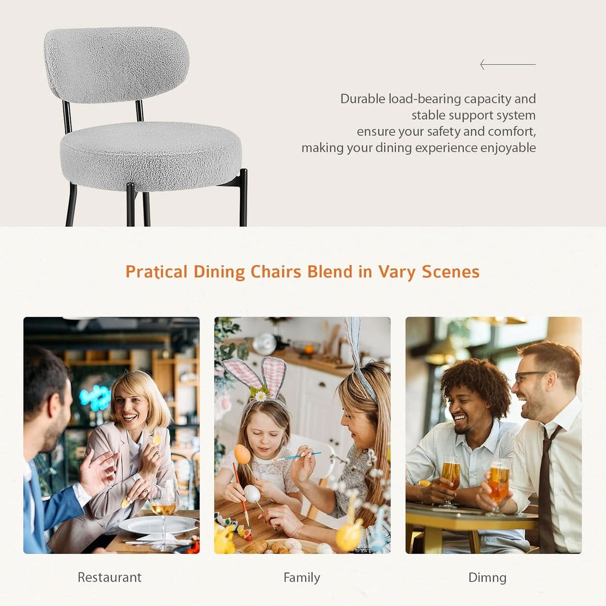 Boucle Upholstered Dining Chairs Set Of 4 With Curved Backrest Metal Legs Grey