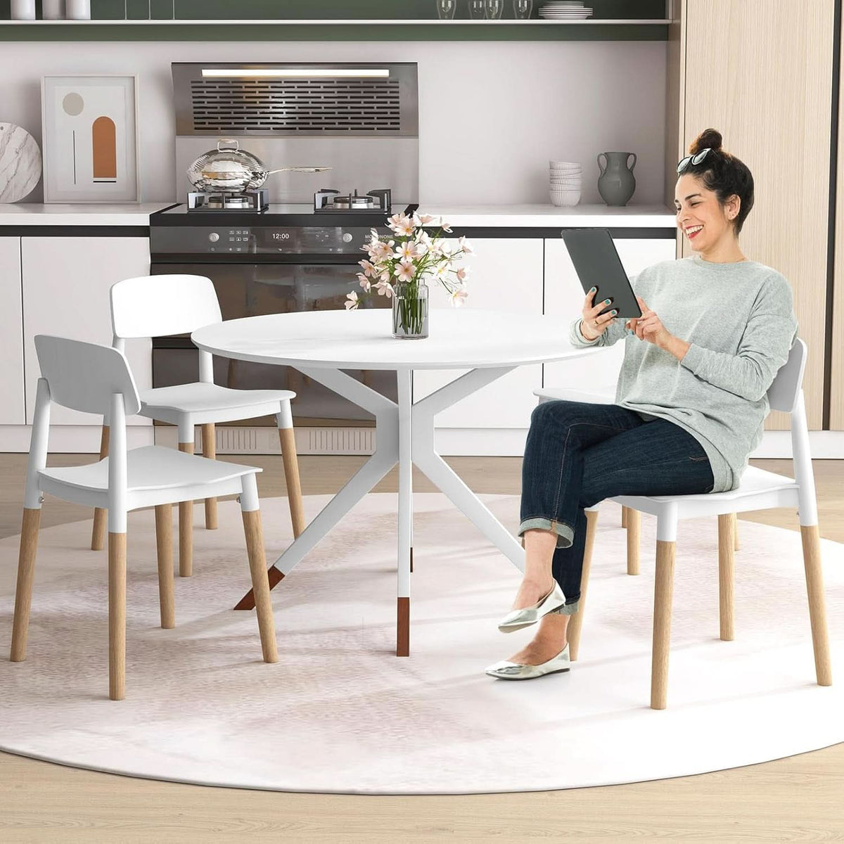 White Wooden Dining Chairs Set of 4 With Ergonomic Backrest