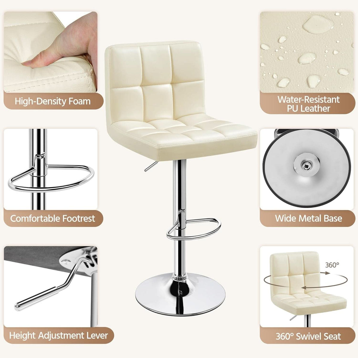 Beige Adjustable PU Leather Swivel Bar Stools Set Of 2