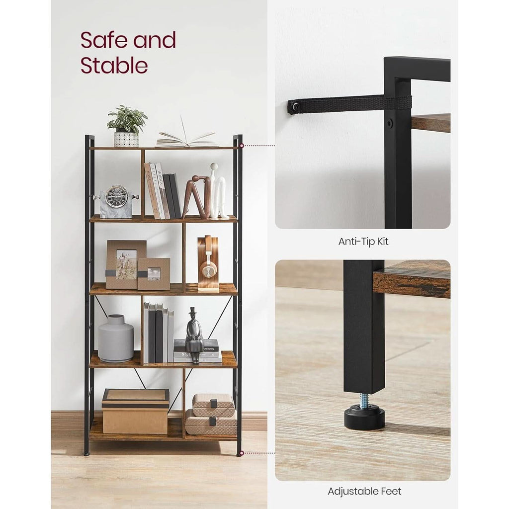 5 Tier Bookshelf Rustic Brown And Black Metal Frame