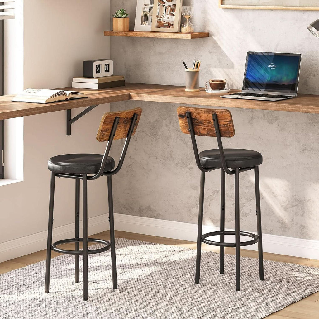 Rustic Brown PU Bar Stools Set of 2 26 Inch With Footrest