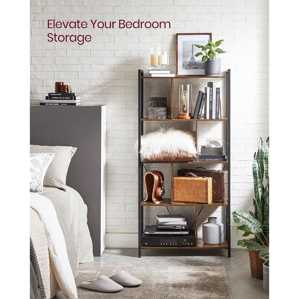 5 Tier Bookshelf Rustic Brown And Black Metal Frame