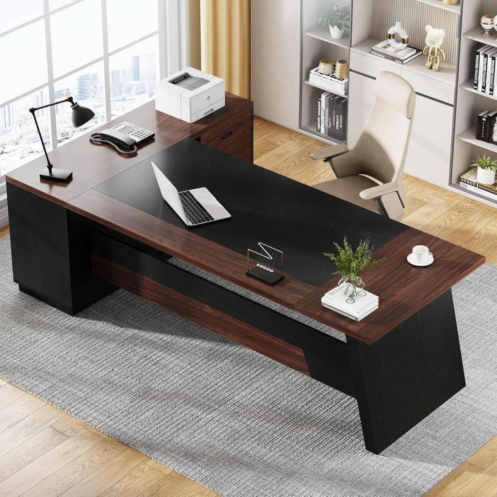 78 Inch L Shaped Executive Desk Walnut Black For Home Office