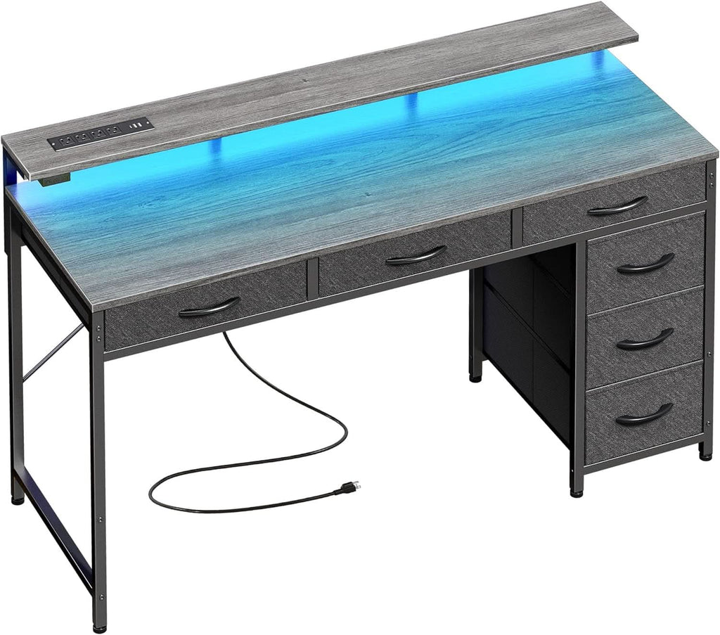 47 Inch Grey Gaming Desk With LED Lights And Drawers
