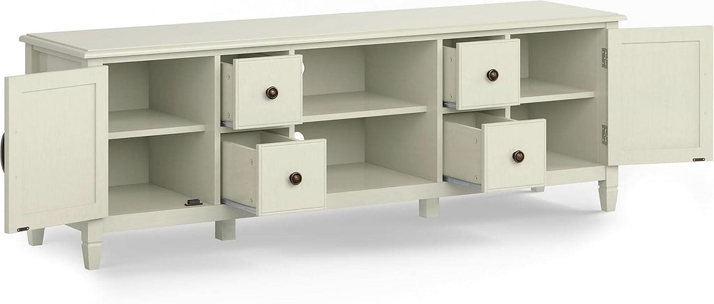 72 Inch Wide Solid Wood TV Stand Antique White With Storage