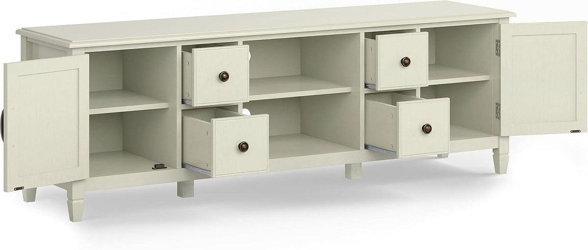 72 Inch Wide Solid Wood TV Stand Antique White With Storage