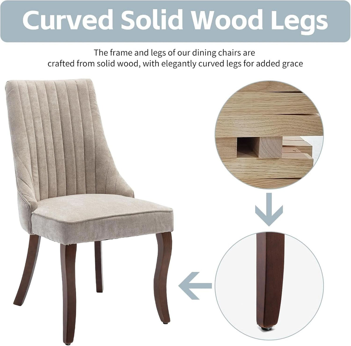 Beige Upholstered Dining Chairs 2 Pack Curved Wood Legs