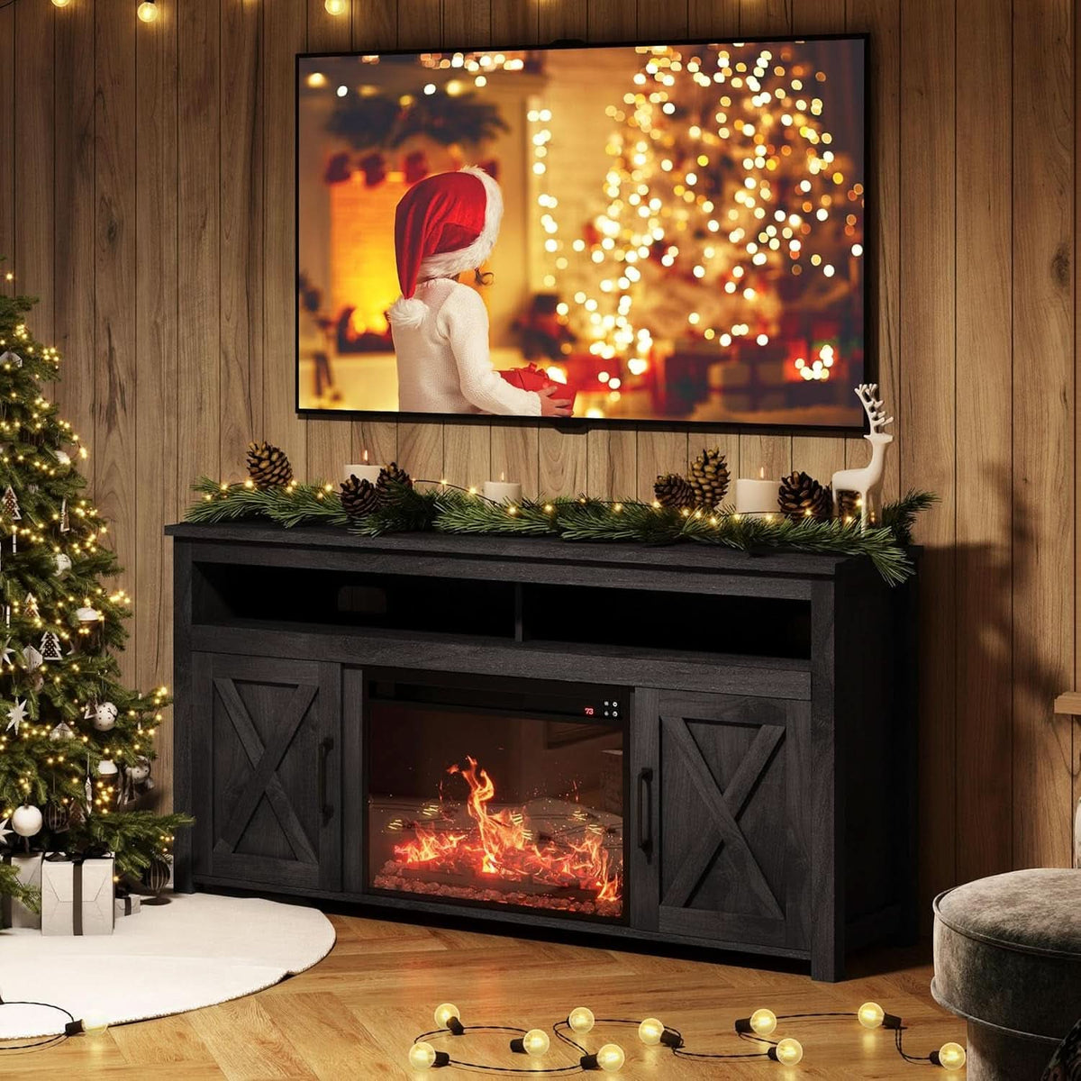 58 Inch Farmhouse TV Stand With Electric Fireplace Grey