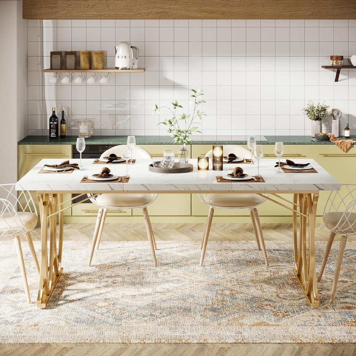 63 Inch Dining Table With Faux Marble Top For Kitchen And Dining Room