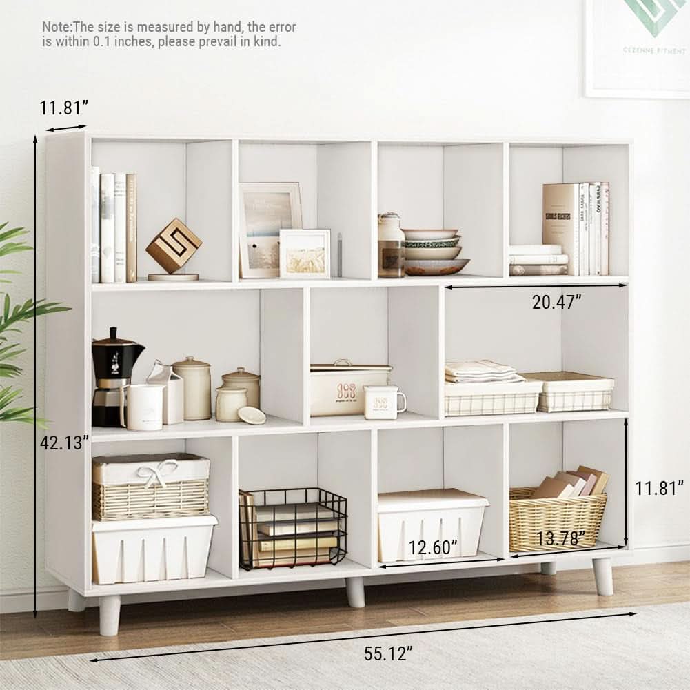 Open Cube Low Bookcase 3 Tier Freestanding White Bookshelf