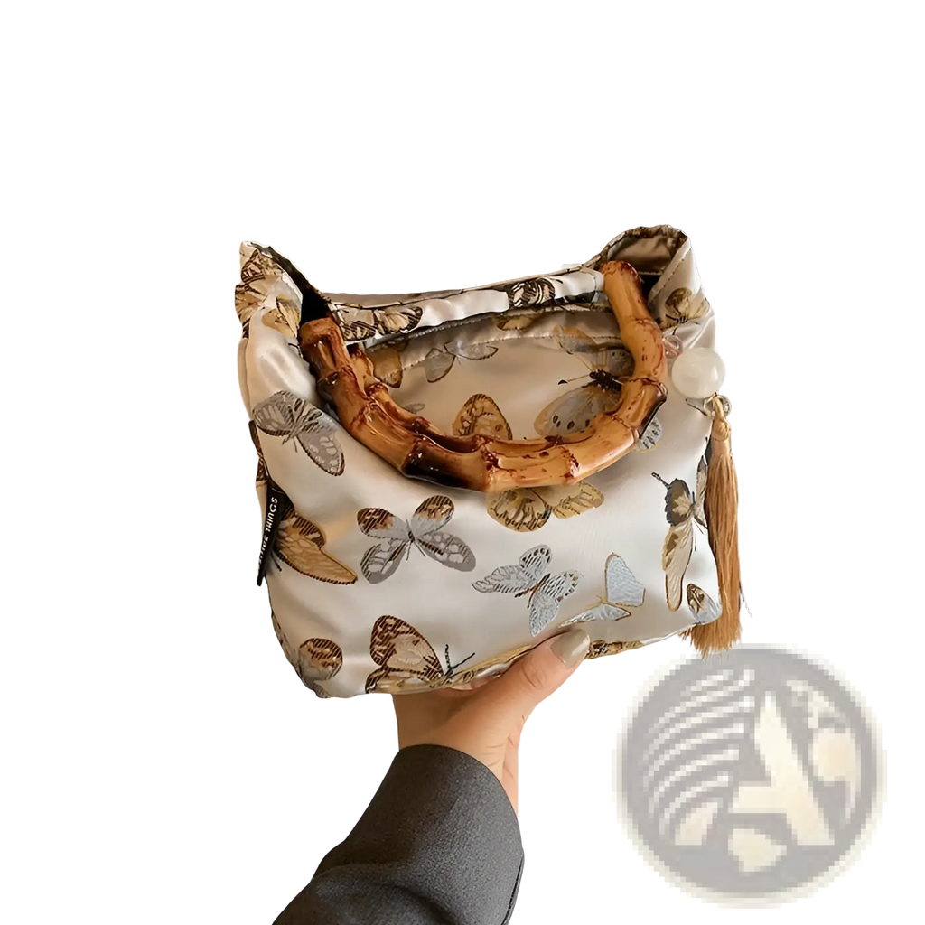 Bamboo Handbag with Tassel and Forest Pattern Canvas