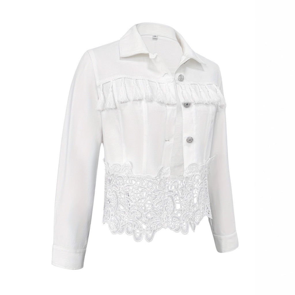 Womens Lapel Hem Hollow-Out Patchwork Tassel Coat