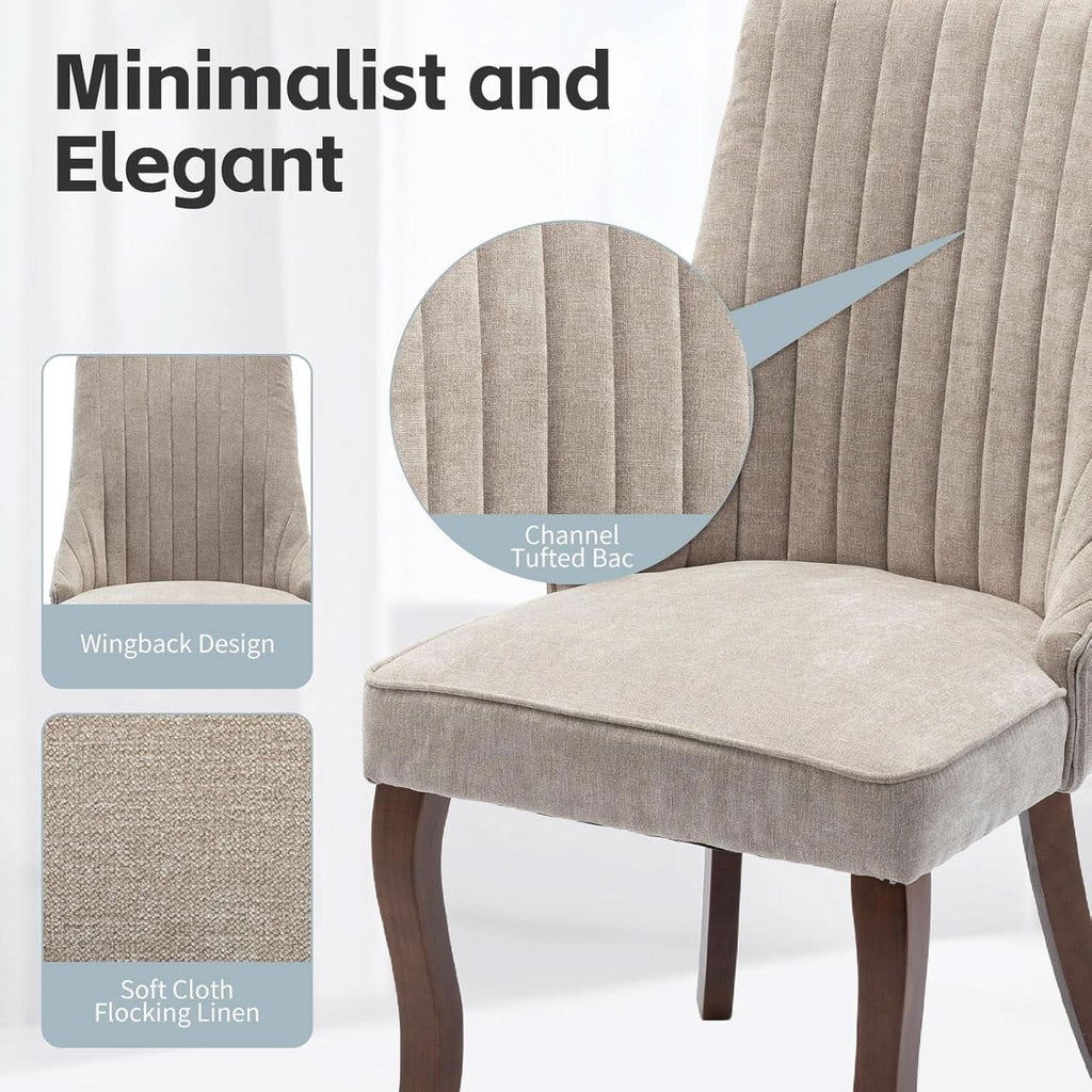 Beige Upholstered Dining Chairs 2 Pack Curved Wood Legs
