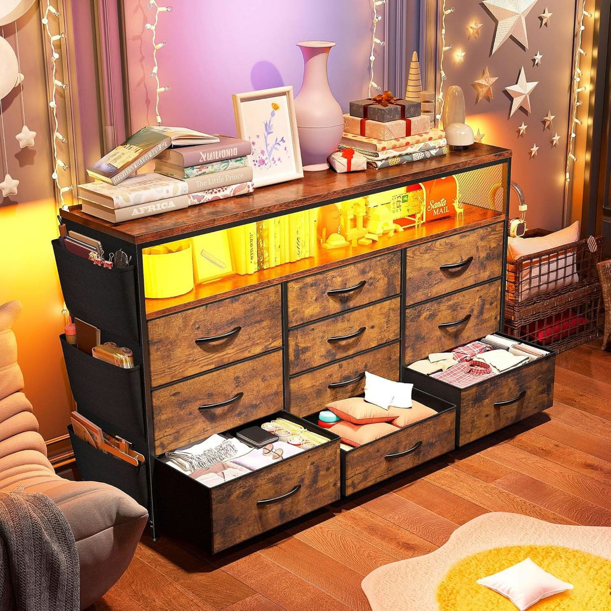 Dresser TV Stand 55 Inch 10 Drawers Rustic Brown Storage