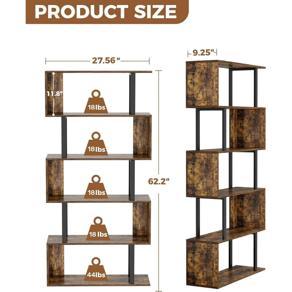 5-Tier S Shaped Bookcase In Rustic Brown Wood Shelving