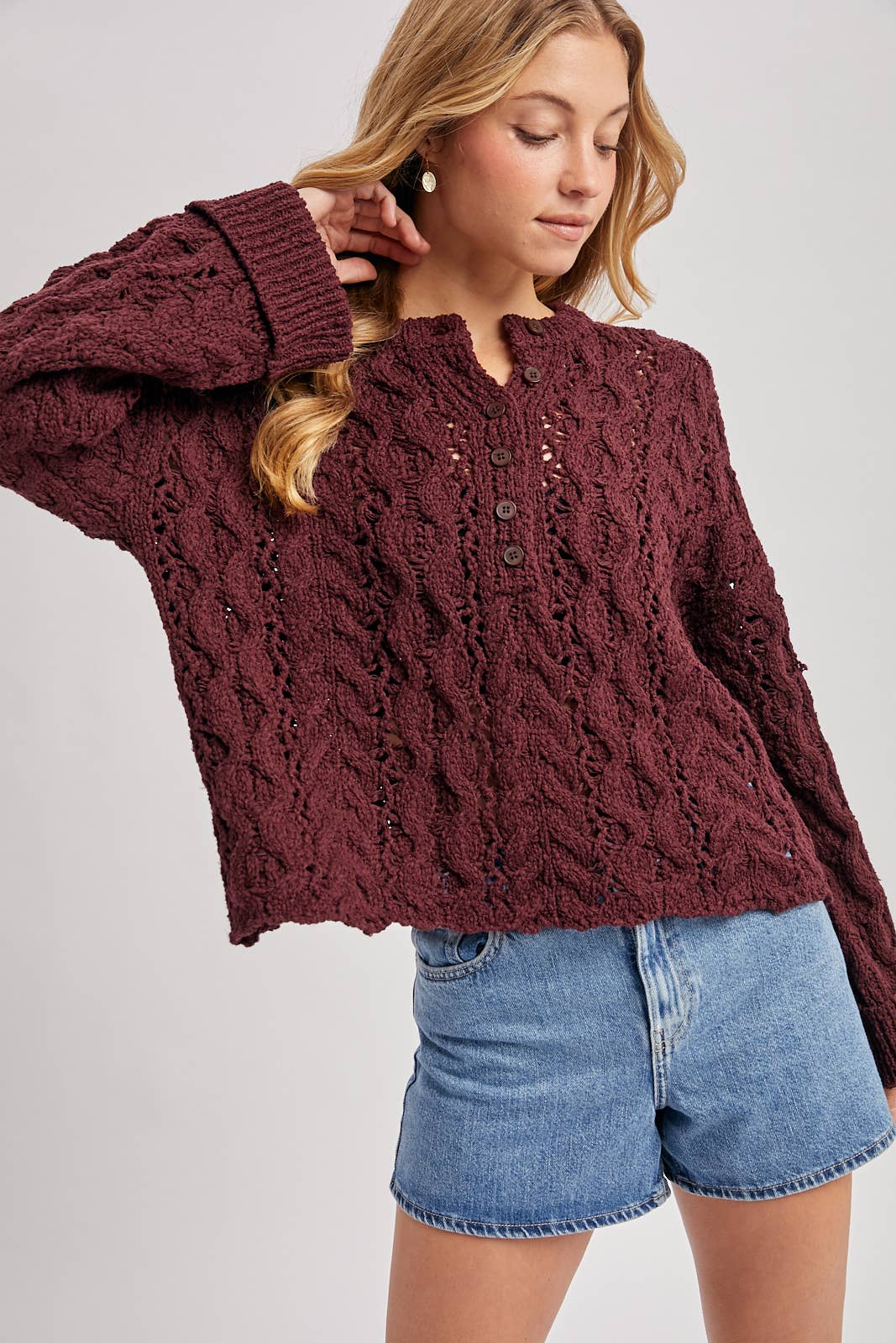 Half-Button Down Open Knit Sweater: ECRU