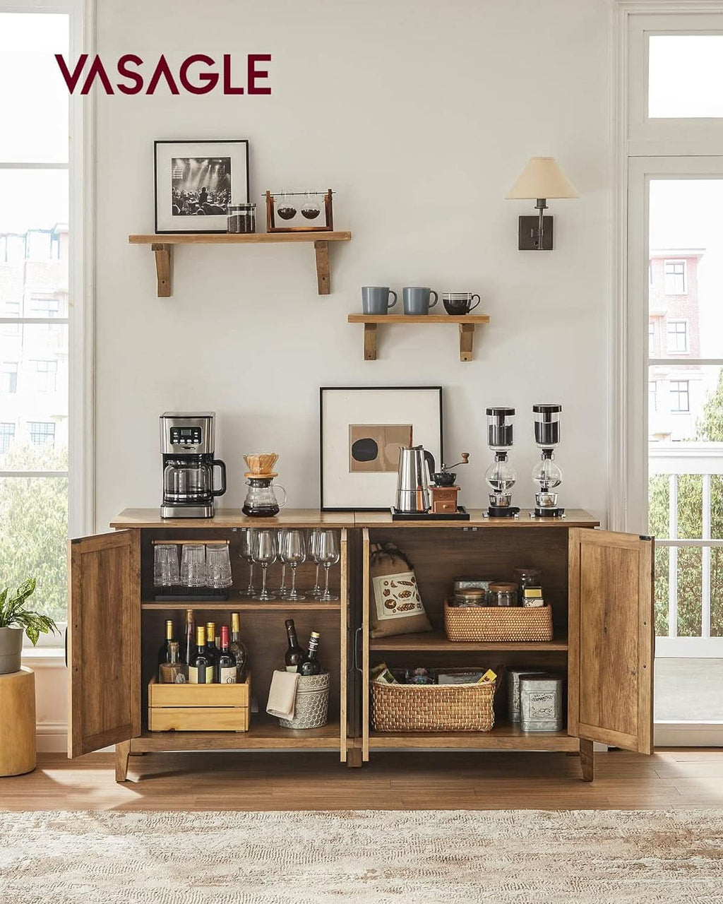 Rustic Walnut Buffet Cabinet With Adjustable Shelves