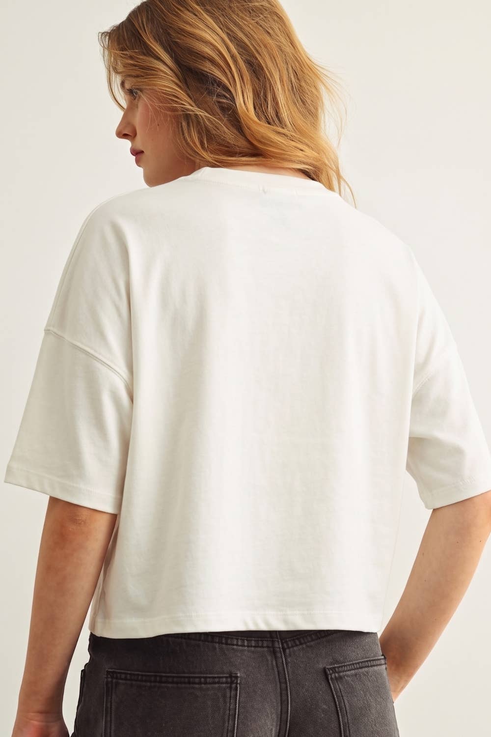 BUTTON DOWN ROUND NECK HALF SLEEVE TOP: WHITE