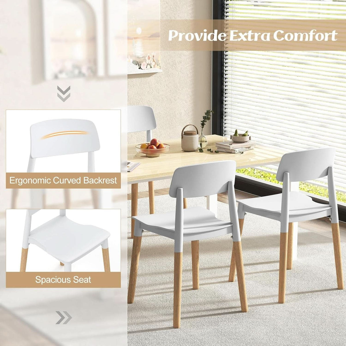 White Wooden Dining Chairs Set of 4 With Ergonomic Backrest