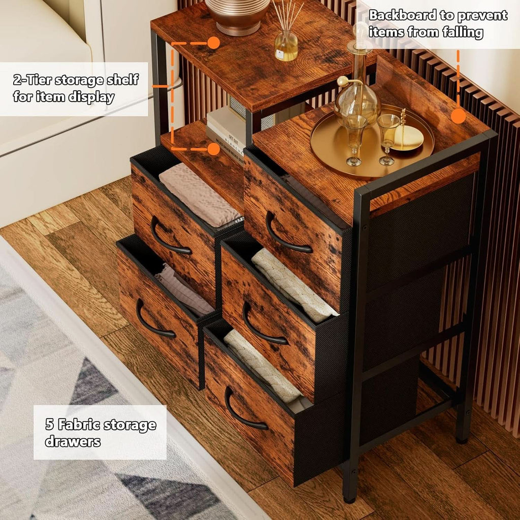 5 Drawer Rustic Brown Dresser With Metal Frame For Bedroom