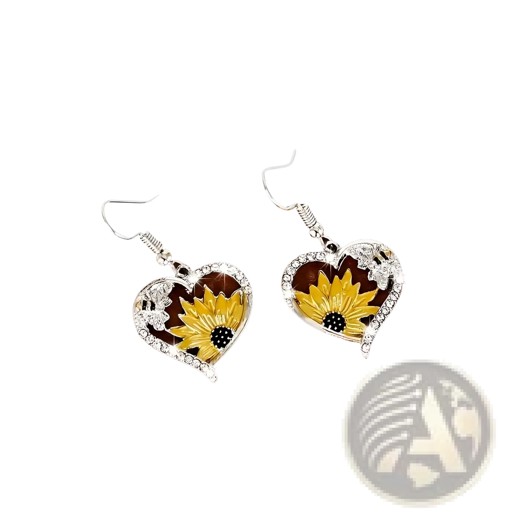 Bee and Sunflower Heart Rhinestone Silver Earrings