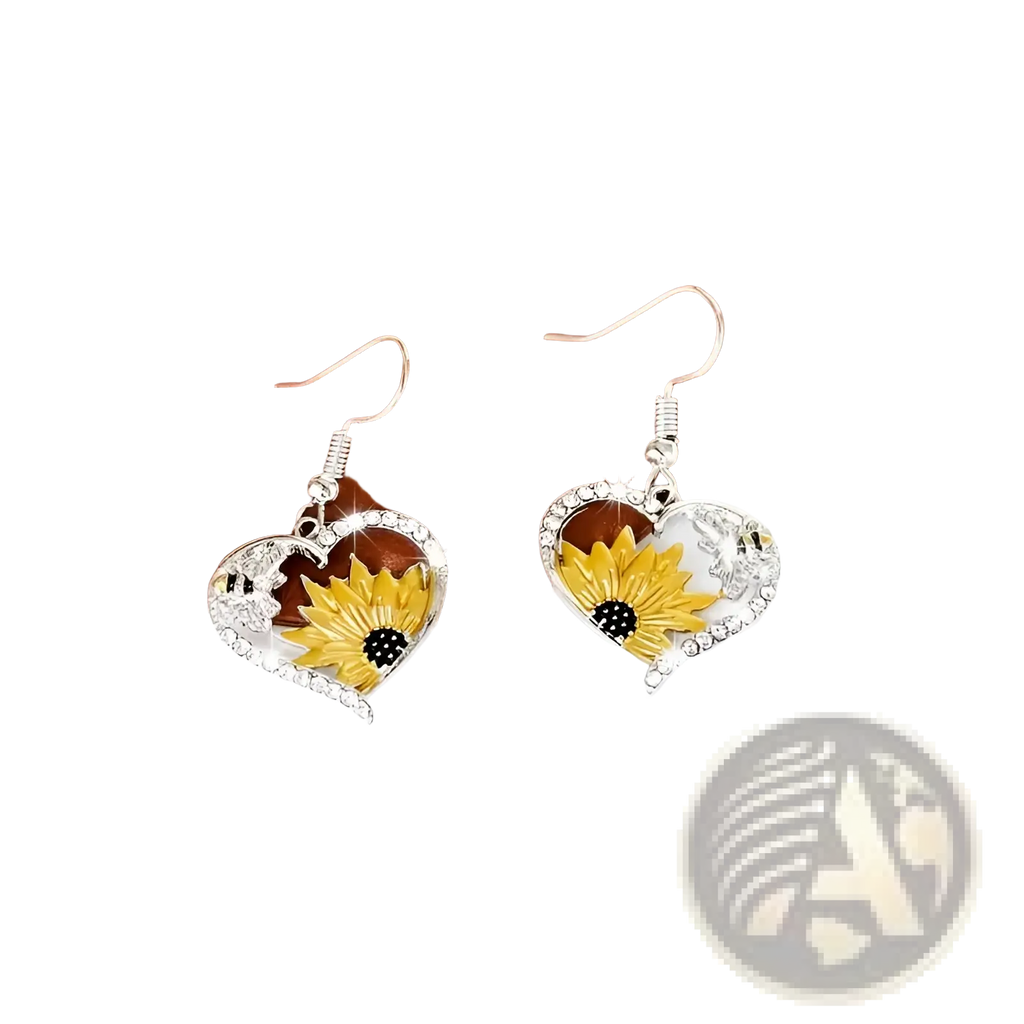 Bee and Sunflower Heart Rhinestone Silver Earrings