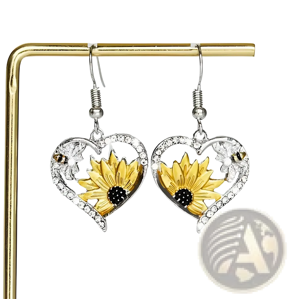 Bee and Sunflower Heart Rhinestone Silver Earrings