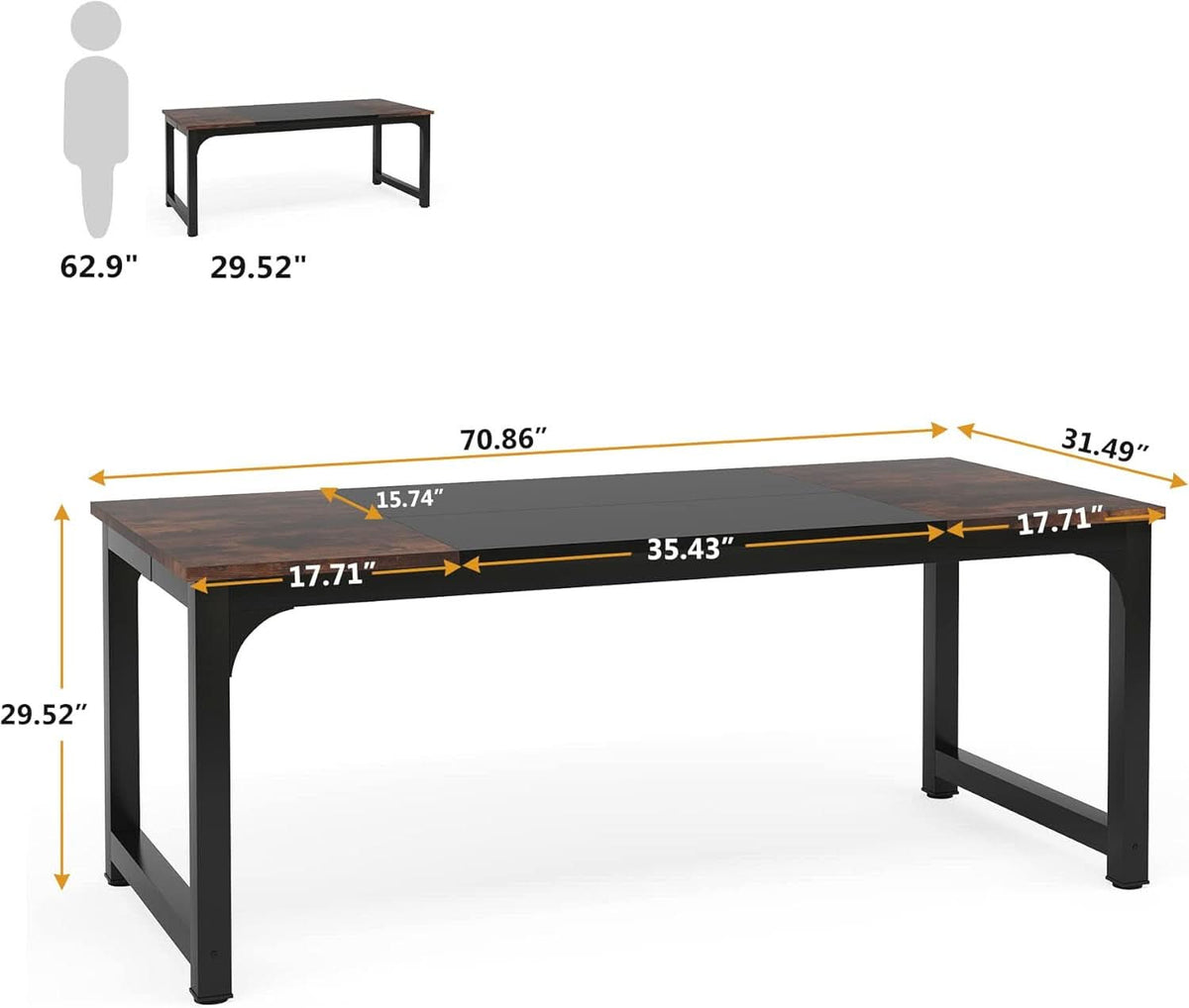 70.8-Inch Rustic Brown Black Executive Desk Thick Frame