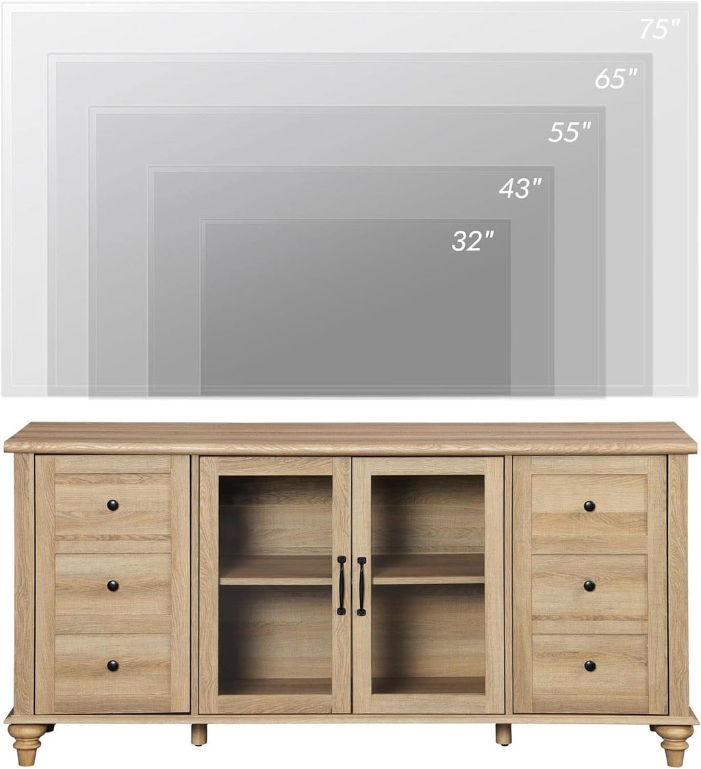Oak Glass Door Farmhouse TV Stand For 75 Inch TVs Console