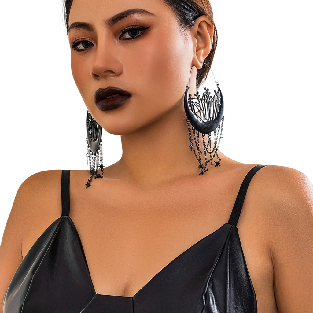 Black Crescent Moon Tassel Earrings with Star Chains