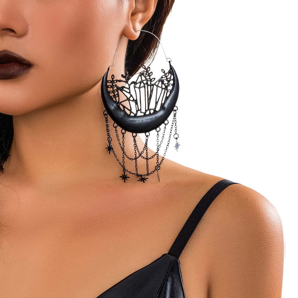Black Crescent Moon Tassel Earrings with Star Chains