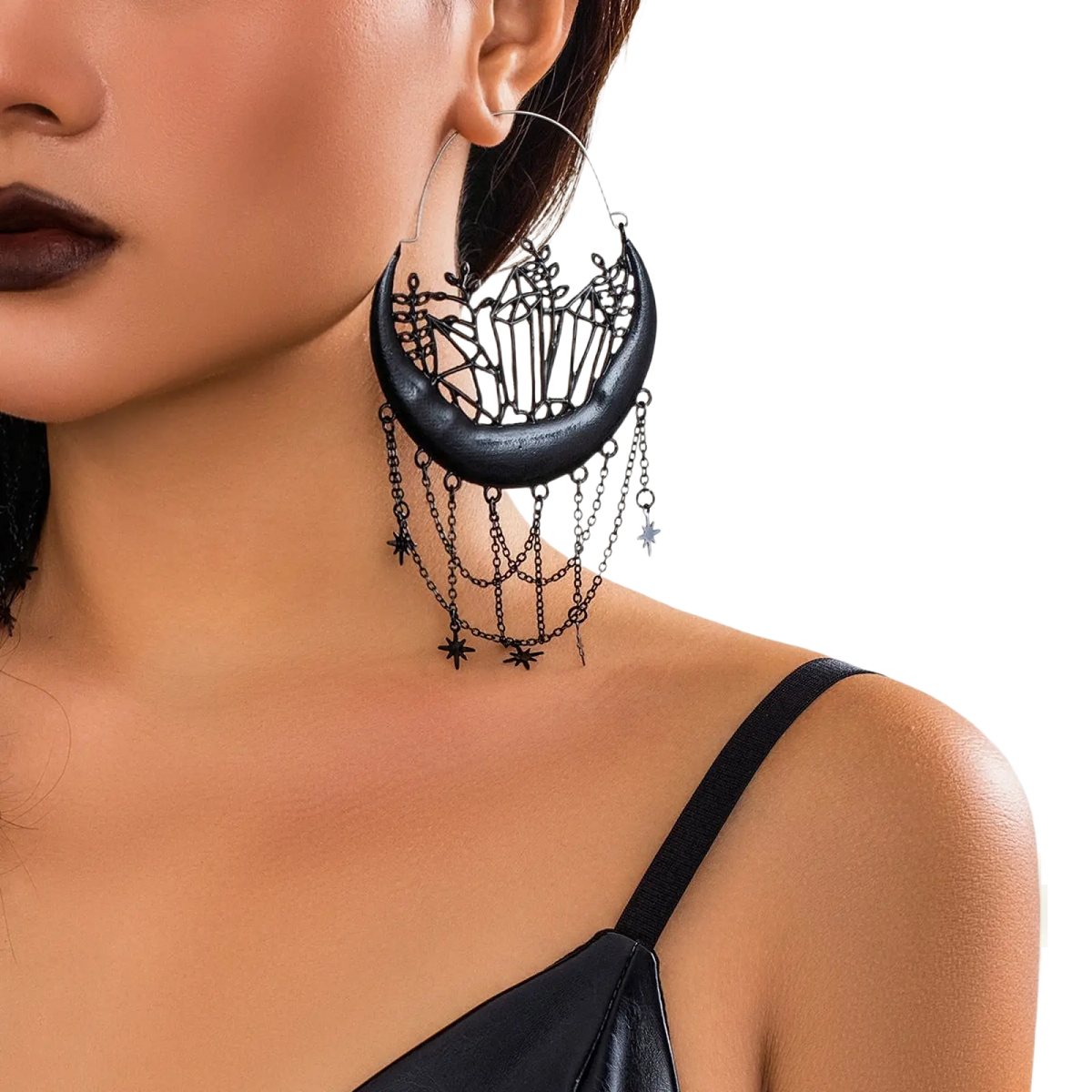 Black Crescent Moon Tassel Earrings with Star Chains