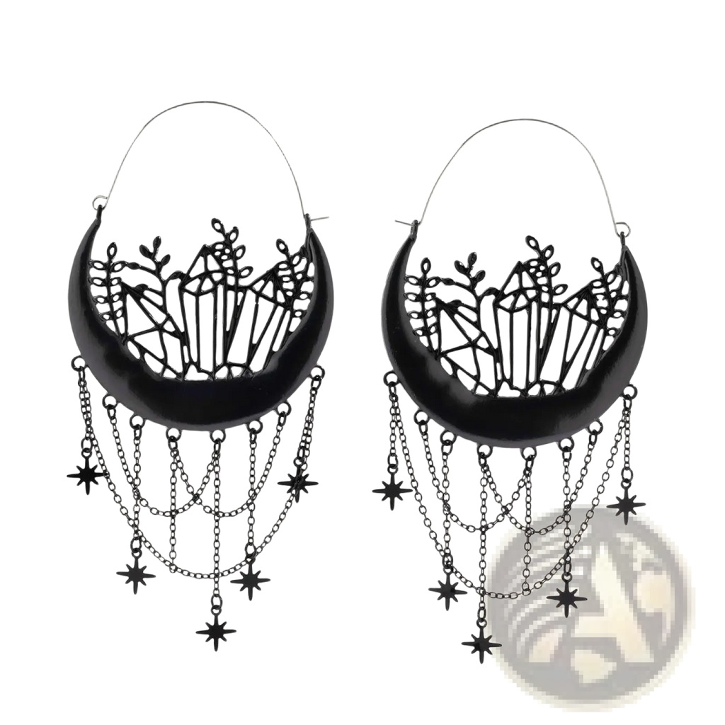 Black Crescent Moon Tassel Earrings with Star Chains