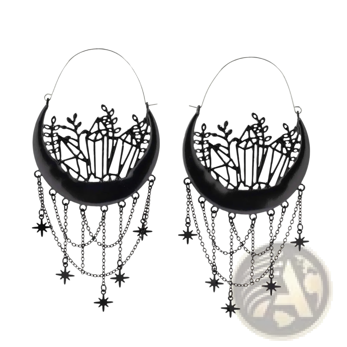 Black Crescent Moon Tassel Earrings with Star Chains