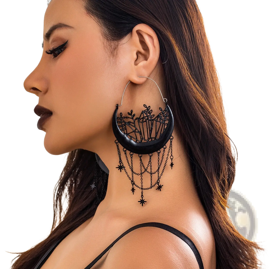 Black Crescent Moon Tassel Earrings with Star Chains