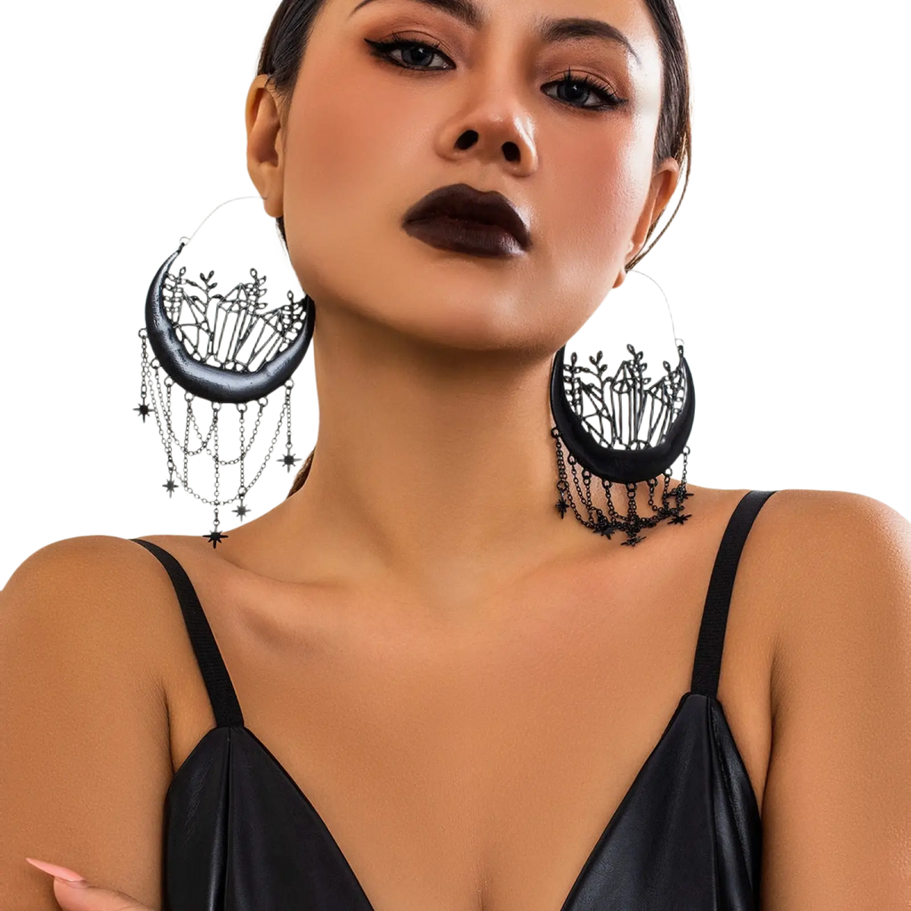 Black Crescent Moon Tassel Earrings with Star Chains