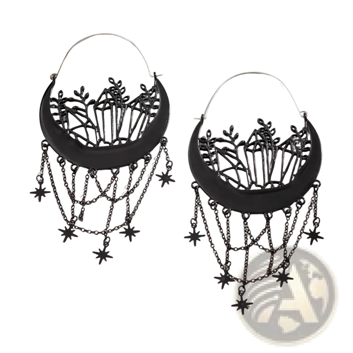 Black Crescent Moon Tassel Earrings with Star Chains