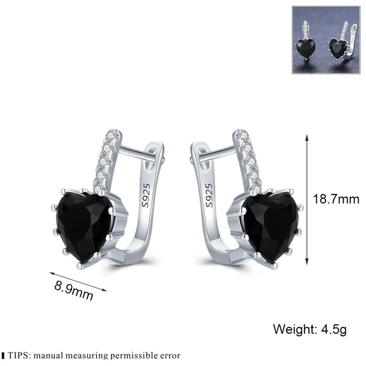 Black Heart Zircon Sterling Silver Huggie Earrings