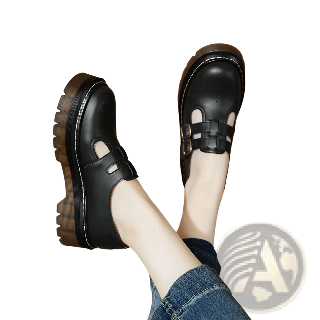 Black Leather Platform Brogue Mary Jane Shoes
