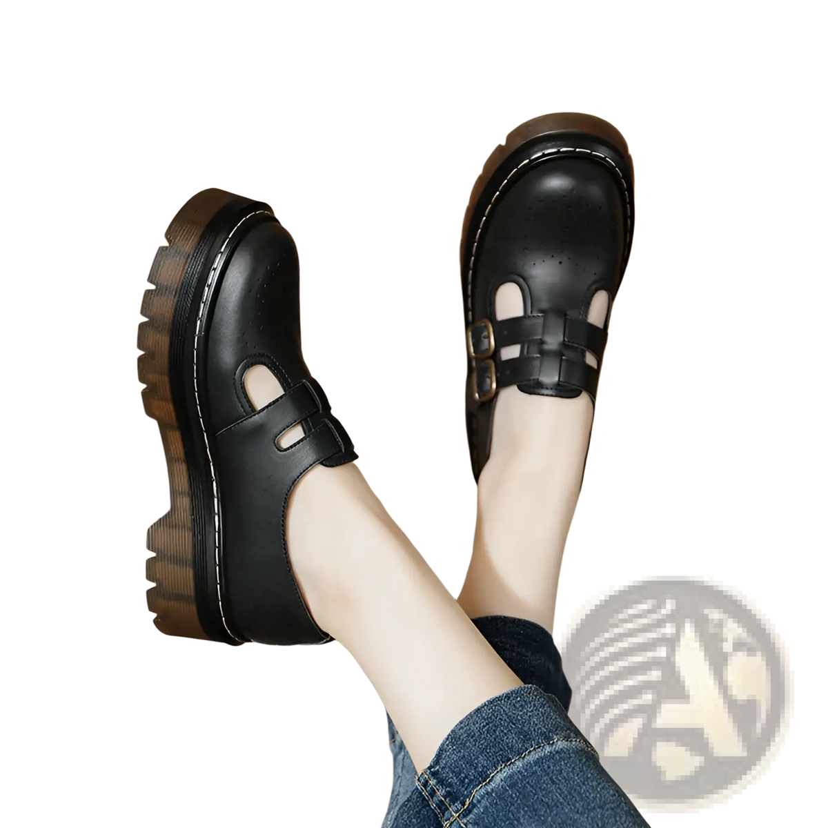 Black Leather Platform Brogue Mary Jane Shoes